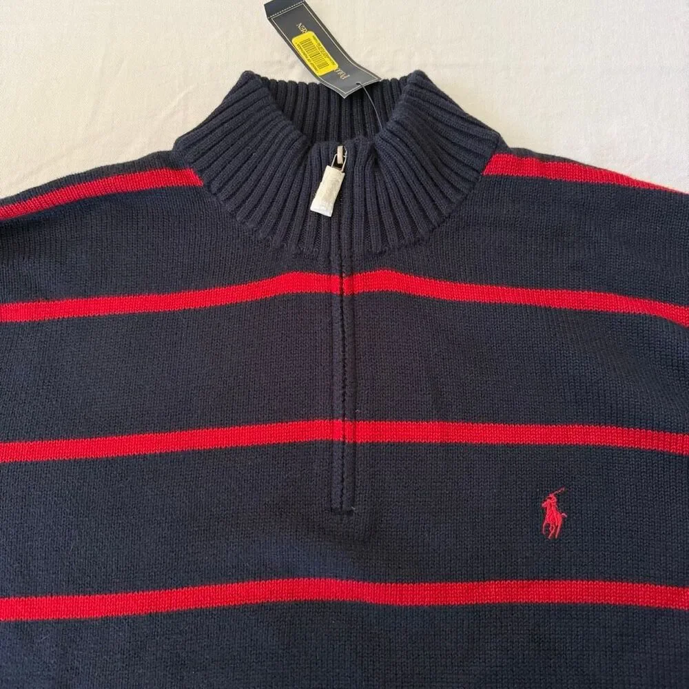 Polo by Ralph Lauren | Classic Striped Quarter Zip Sweater NWT | Navy Red Cotton